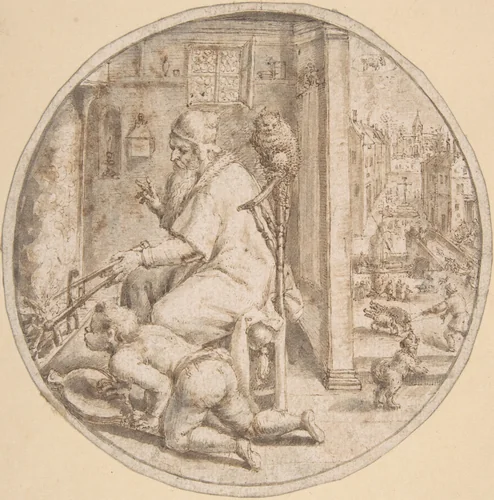 December: And Old Man Seated by a Hearth with a Young Man Blowing on the Fire by Crispijn de Passe, drawing, 1580-1637