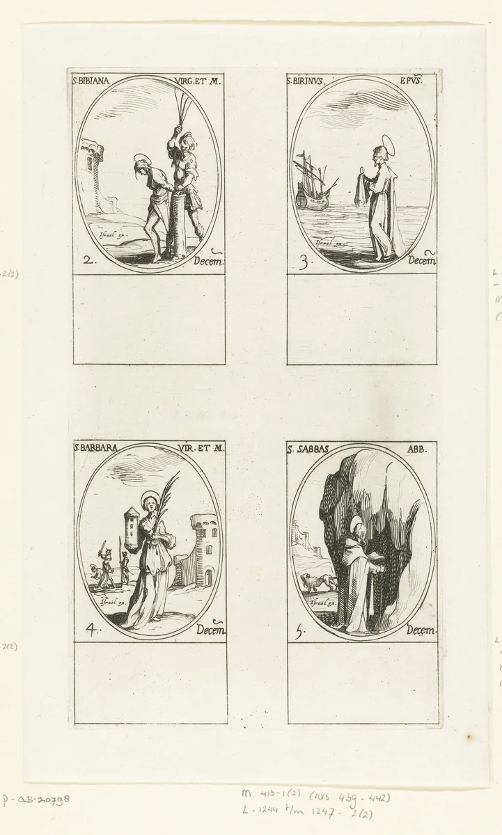 Heilige Bibiana van Rome, Heilige Birinus van Dorchester, Heilige Barbara van Nicomedië, Heilige Sabas van Mar-Saba (2-5 december) by Jacques Callot, print, 1632-1636