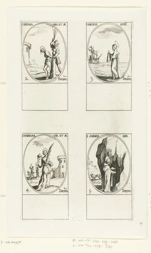 Heilige Bibiana van Rome, Heilige Birinus van Dorchester, Heilige Barbara van Nicomedië, Heilige Sabas van Mar-Saba (2-5 december) by Jacques Callot, print, 1632-1636