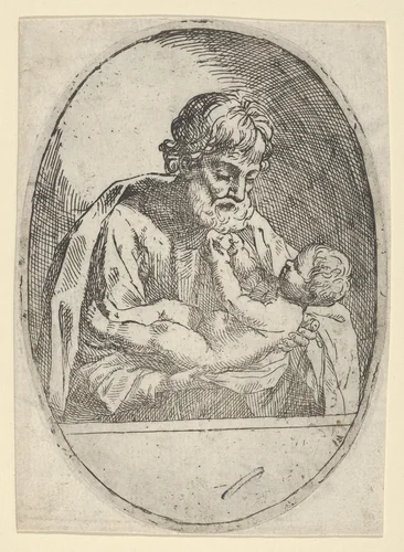 Saint Joseph holding the infant Christ, who raises up his hands, an oval composition by anonymous, print, 1595-1660