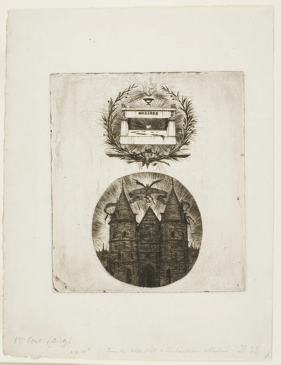 Molière's Tomb, Père-Lachaise Cemetery, Paris and the Old Gate of the Palais de Justice, Paris by Charles Meryon, print, 1854