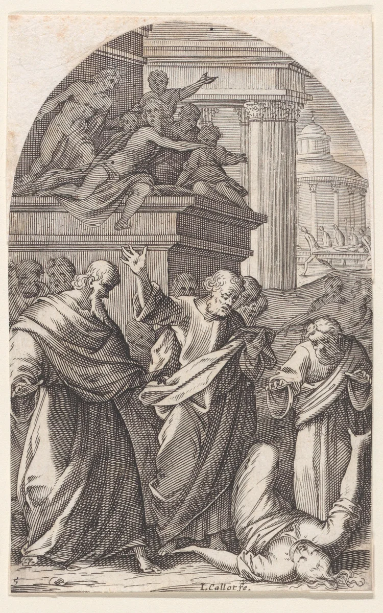 Sapphira Punished by Death, plate 5 from Les Tableaux de Rome, Les Eglises Jubilaires (The Paintings of Rome, The Churches Jubilee) by Jacques Callot, print, 1607-1611