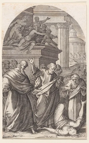 Sapphira Punished by Death, plate 5 from Les Tableaux de Rome, Les Eglises Jubilaires (The Paintings of Rome, The Churches Jubilee) by Jacques Callot, print, 1607-1611