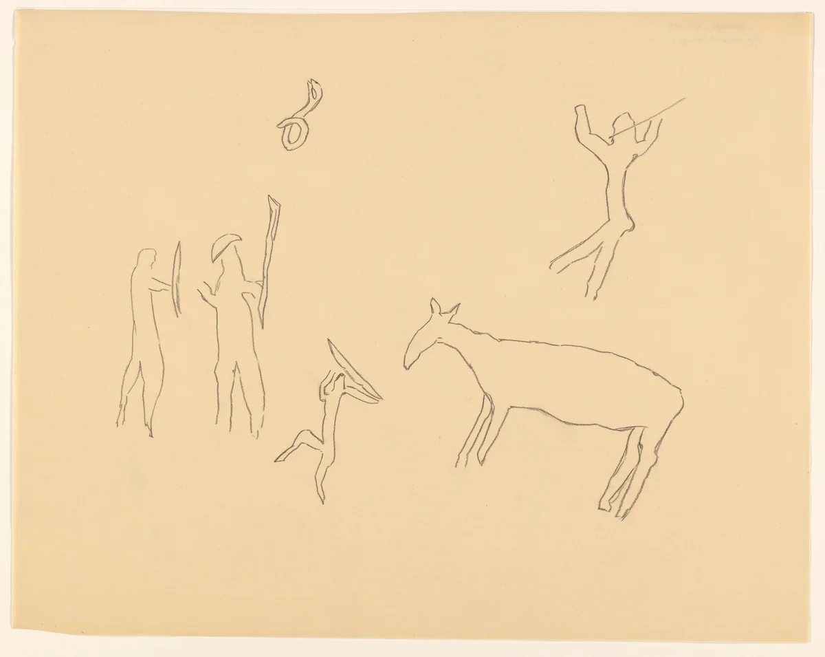 Studieblad met een dier, figuren met wapens en een slang by anonymous, drawing, 1849-1949