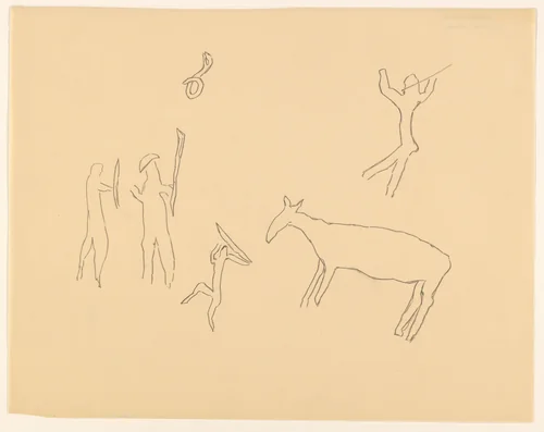 Studieblad met een dier, figuren met wapens en een slang by anonymous, drawing, 1849-1949