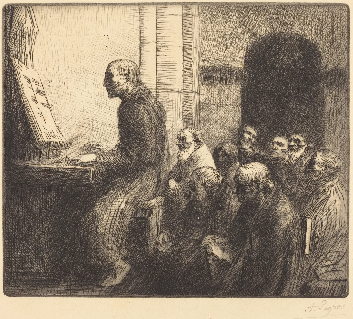 Monk Playing the Organ in Church (Moine jouant de l'orgue a l'eglise) by Alphonse Legros, print, 1837-1911