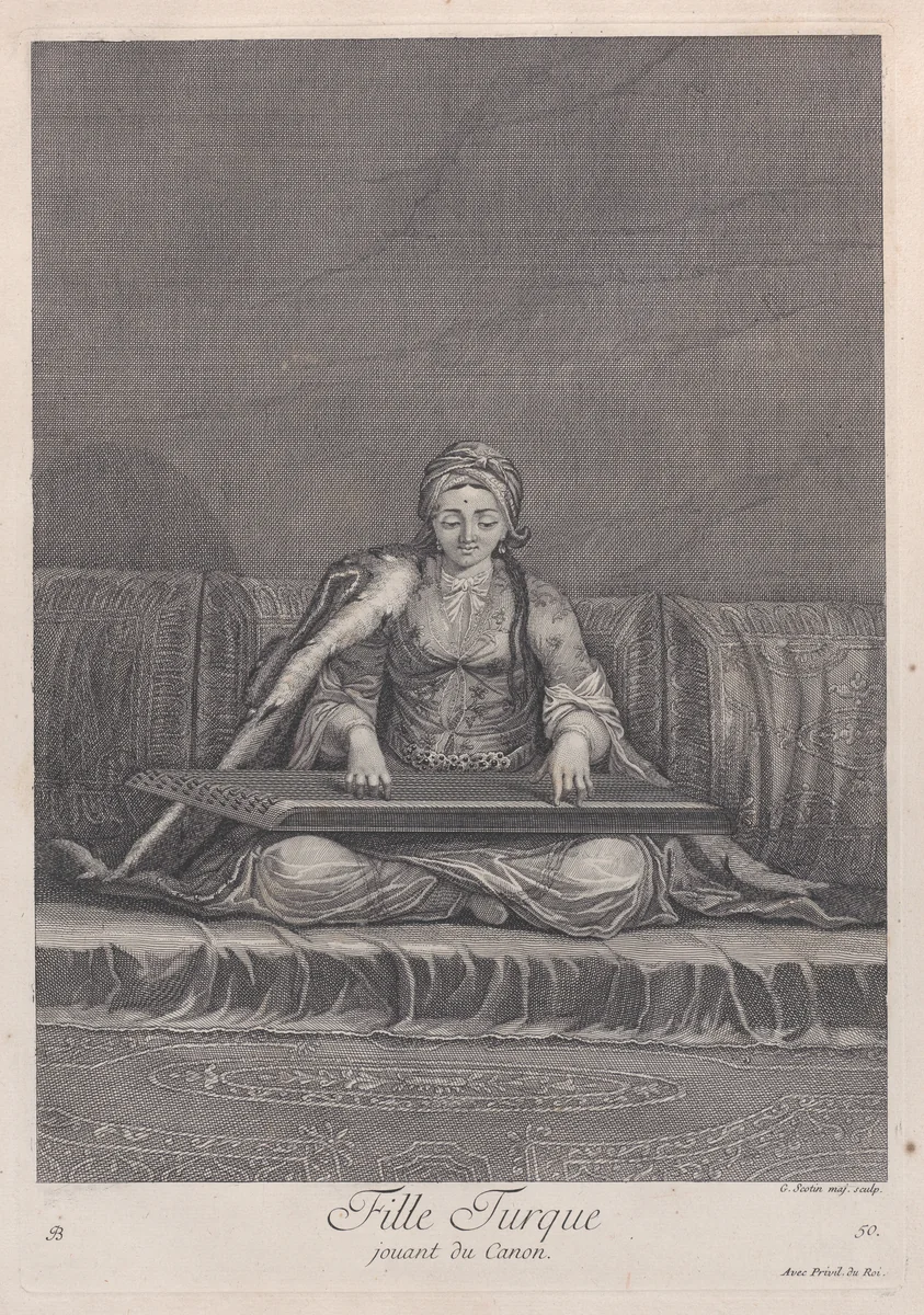 Fille Turque, jouant du Canon, plate 50 from "Recueil de cent estampes représentent differentes nations du Levant" by Jean Baptiste Vanmour, print, 1714-1715