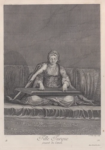 Fille Turque, jouant du Canon, plate 50 from "Recueil de cent estampes représentent differentes nations du Levant" by Jean Baptiste Vanmour, print, 1714-1715
