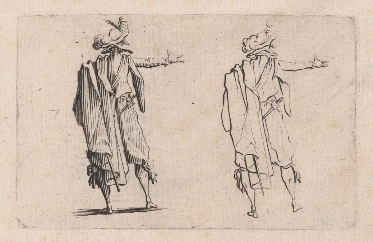 L'Homme Vu de Dos, La Main Droite Tendue (Man Viewed from Behind, Right Hand Extended), from "Les Caprices" Series B, The Nancy Set by Jacques Callot, print, 1617-1620