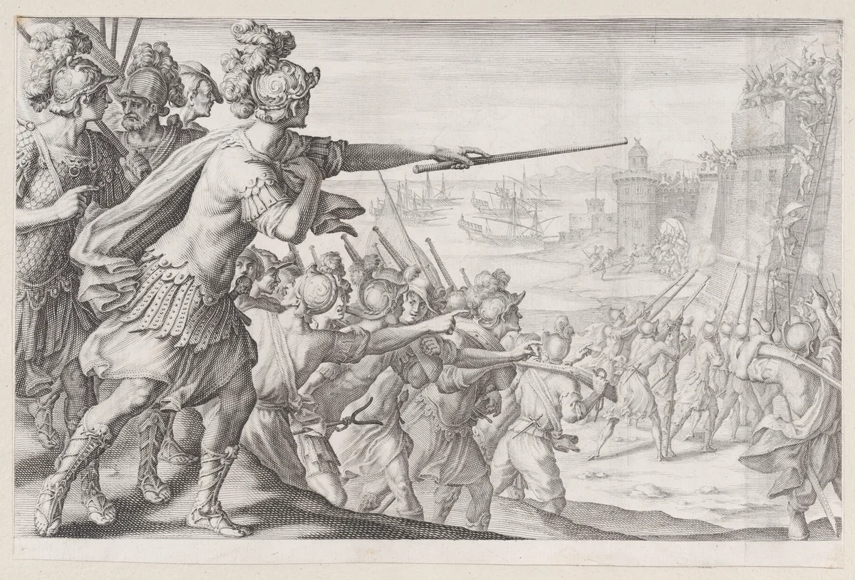 Prise de la Ville de Bone (Capture of the City of Bonne), from "La Vie de Ferdinand Ier de Médicis série appelée aussi Les Batailles des Médicis" (The Life of Ferdinand I de'Medici also called The Medici Battles) by Jacques Callot, print, 1614-1620