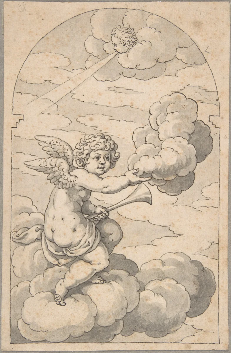 Putto Holding a Cloud and Horn by Crispijn de Passe, drawing, 1580-1637