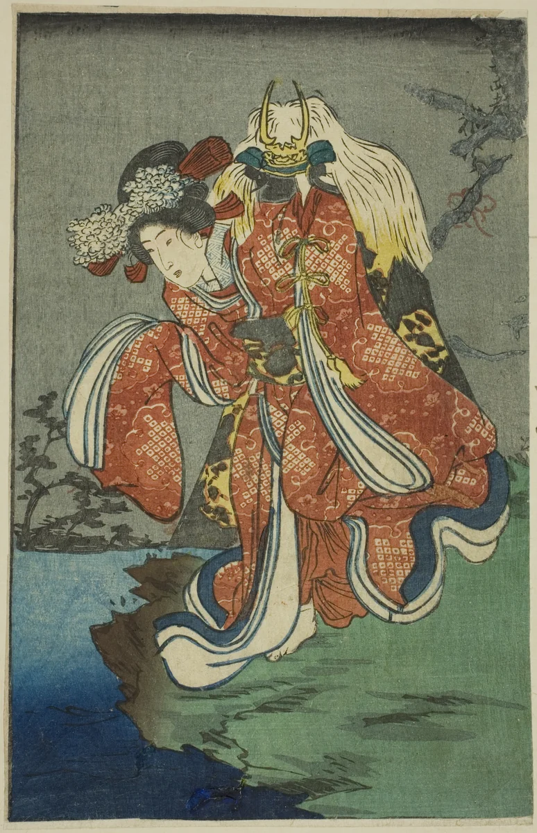 Shizuka Gozen, section of a sheet from the series "A Harimaze Mirror of Joruri Plays (Harimaze joruri kagami)" by Utagawa Kuniyoshi (歌川國芳), print, 1854