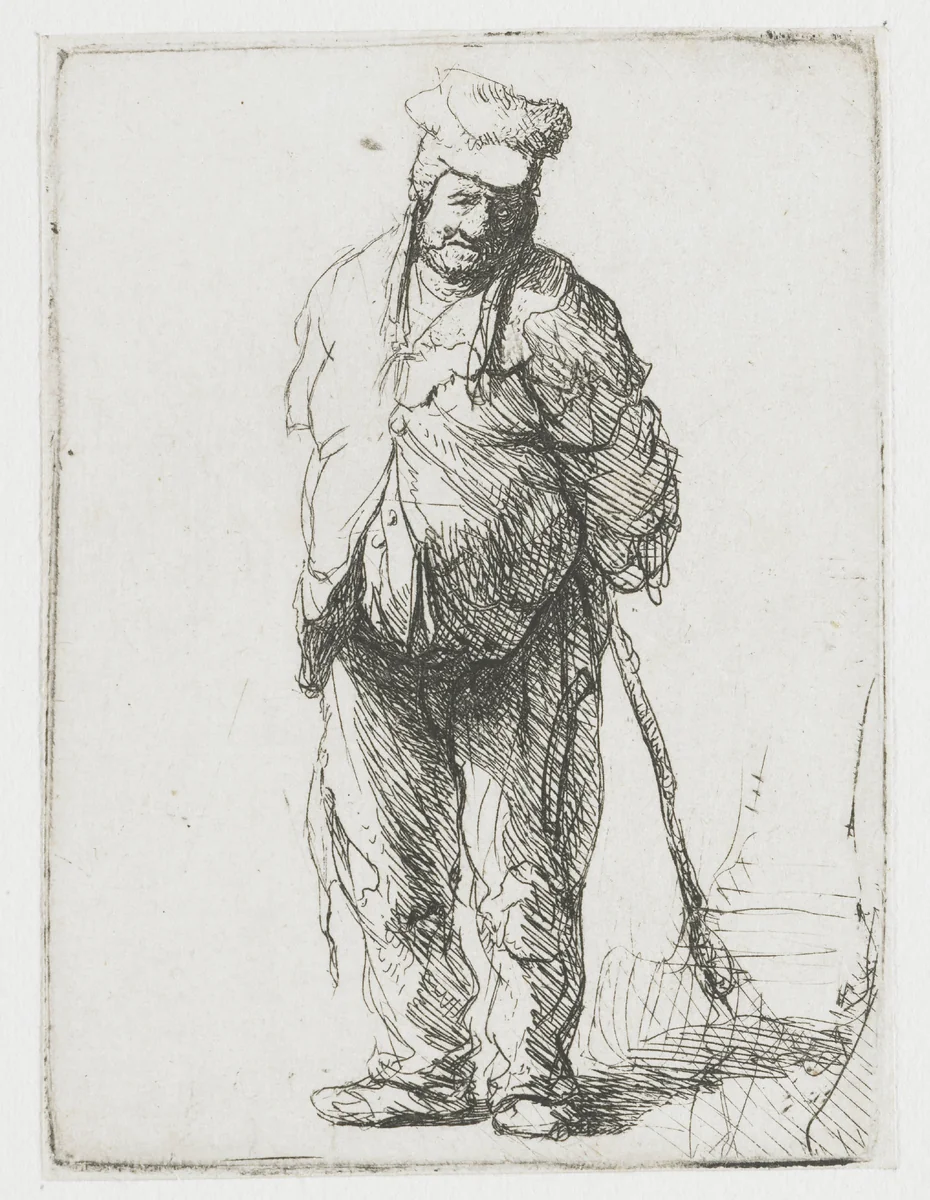 Armoedig geklede boer met de handen op de rug by Rembrandt van Rijn, print, 1630