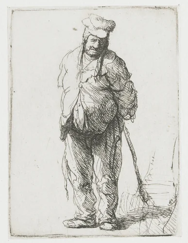 Armoedig geklede boer met de handen op de rug by Rembrandt van Rijn, print, 1630
