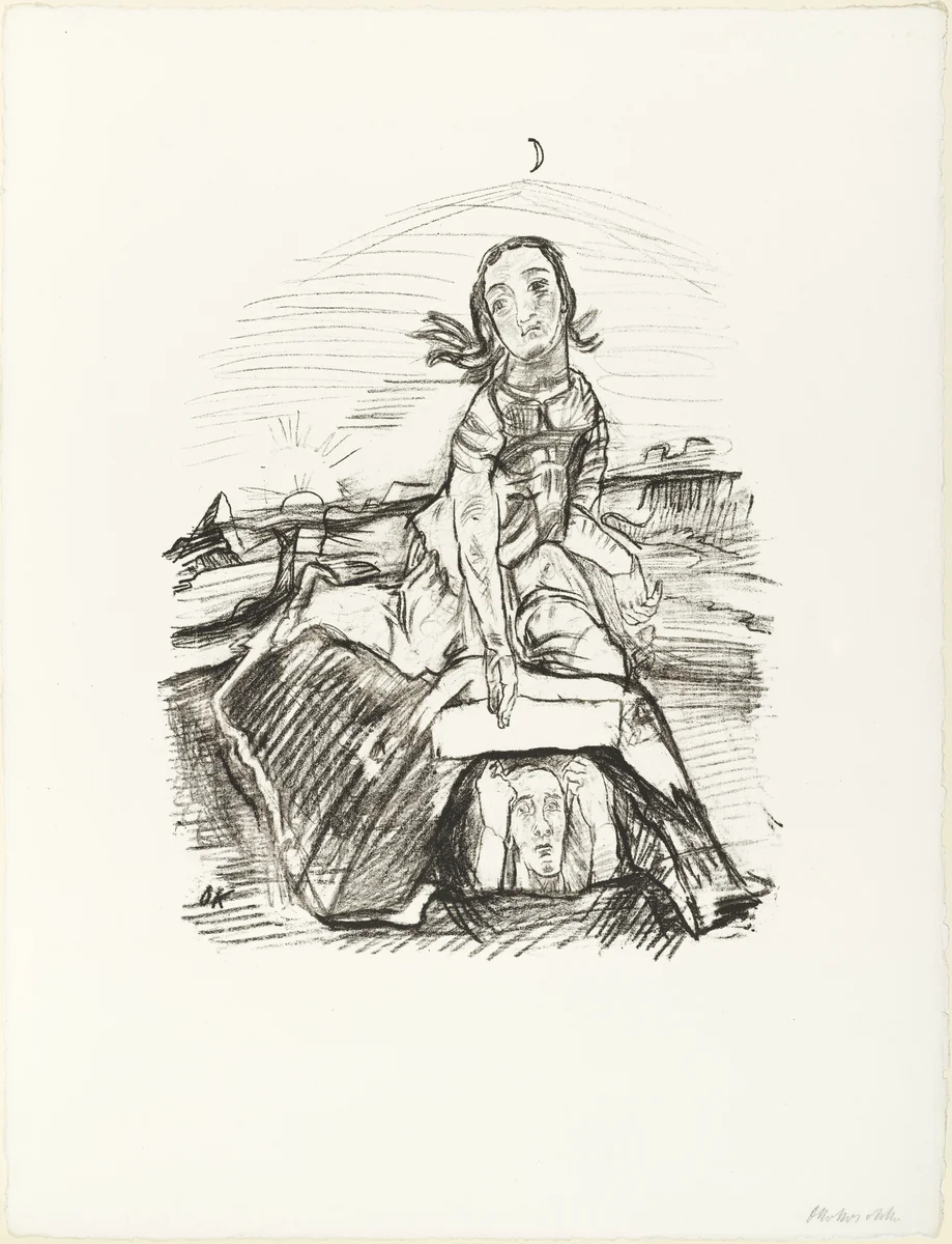 The Man Raises His Head from the Grave on Which the Woman Sits (Der Mann erhebt seinen Kopf aus dem Grabe, auf dem das Weib sitzt) (plate 10) from O Eternity - Thou Word of Thunder (Bach Cantata) [O Ewigkeit - Du Donnerwort (Bachkantate)] by Oskar Kokoschka, print, 1914