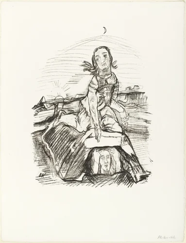 The Man Raises His Head from the Grave on Which the Woman Sits (Der Mann erhebt seinen Kopf aus dem Grabe, auf dem das Weib sitzt) (plate 10) from O Eternity - Thou Word of Thunder (Bach Cantata) [O Ewigkeit - Du Donnerwort (Bachkantate)] by Oskar Kokoschka, print, 1914