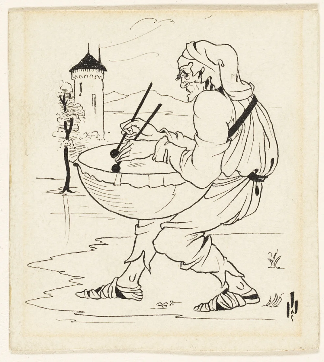 Man with Drum by Aubrey Vincent Beardsley, drawing, 1888-1898