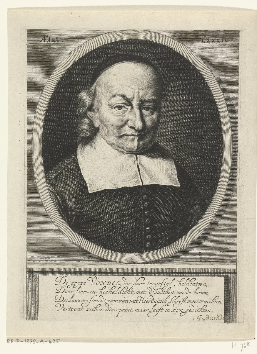 Portret van Joost van den Vondel op 84-jarige leeftijd by Hendrik Bary, print, 1657-1707