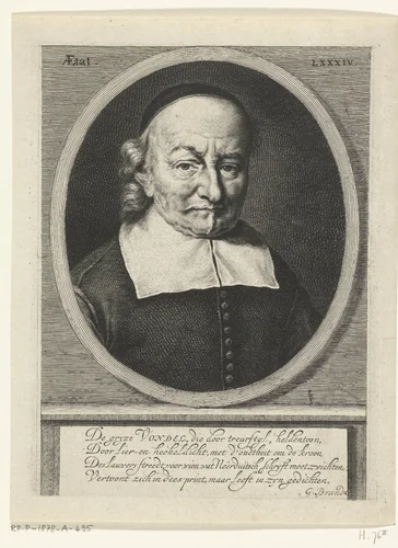 Portret van Joost van den Vondel op 84-jarige leeftijd by Hendrik Bary, print, 1657-1707