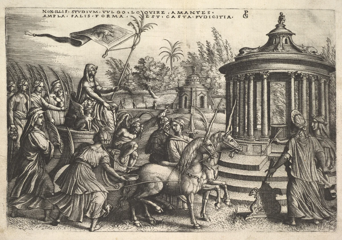 Triumph of Chastity: unicorns draw a carriage bearing a female figure seated next to a sphinx and holding a standard, Vestal virgins walk behind the carriage, round temple of Vesta at right, from "The Triumphs of Petrarch" by Georg Pencz, print, 1539