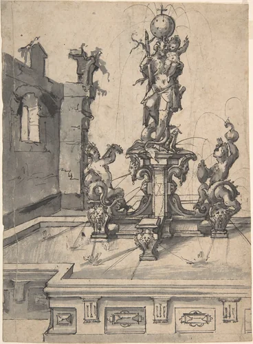 Design for an Elaborate Fountain Surmounted by a Statue of St. Christopher; verso: Studies of Architectural Details by Wendel Dietterlin, drawing, 1550-1599