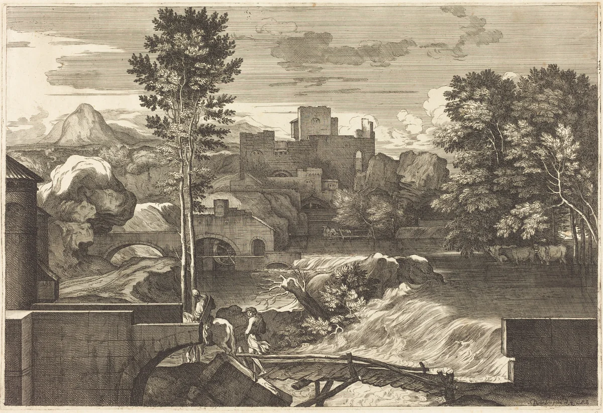 Landscape with Two Figures on a Bridge by Sébastien Bourdon, print, 1616-1671