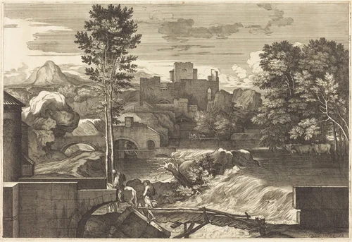 Landscape with Two Figures on a Bridge by Sébastien Bourdon, print, 1616-1671