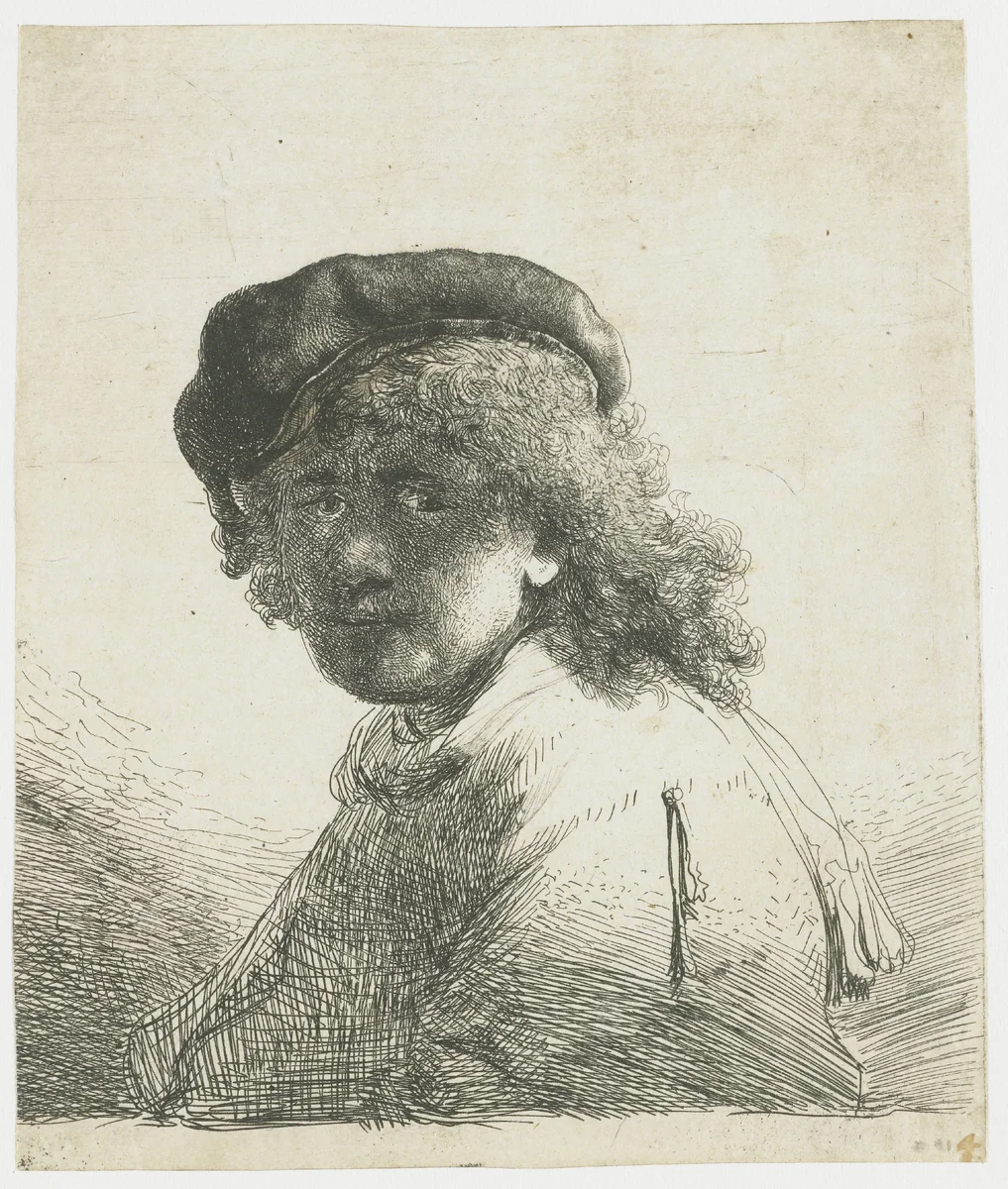 Self-portrait in a cap and scarf with the face dark: bust by Rembrandt van Rijn, print, 1633
