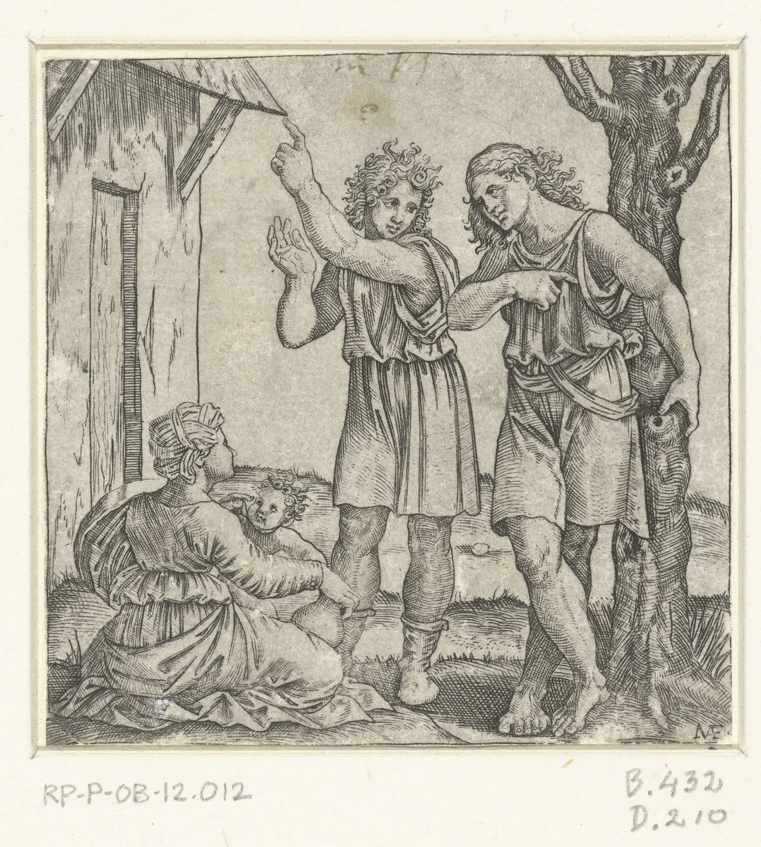 Moeder met kind pratend met twee mannen by Unknown, print, 1510-1527