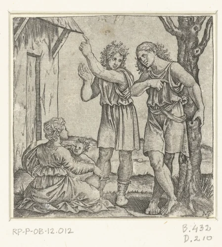 Moeder met kind pratend met twee mannen by Unknown, print, 1510-1527