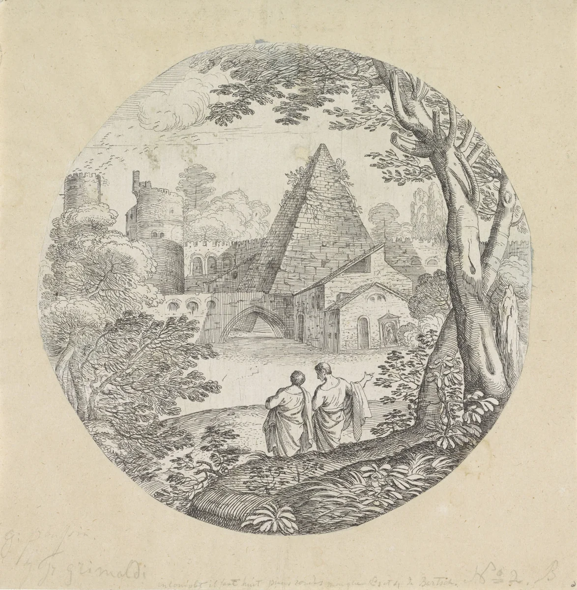 Landschap met piramide by Giovanni Francesco Grimaldi, print, 1616-1680