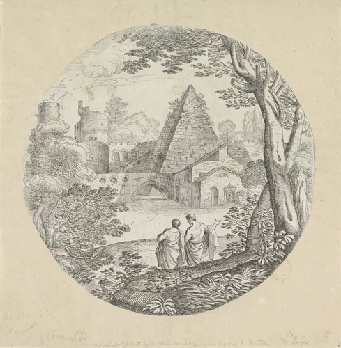 Landschap met piramide by Giovanni Francesco Grimaldi, print, 1616-1680