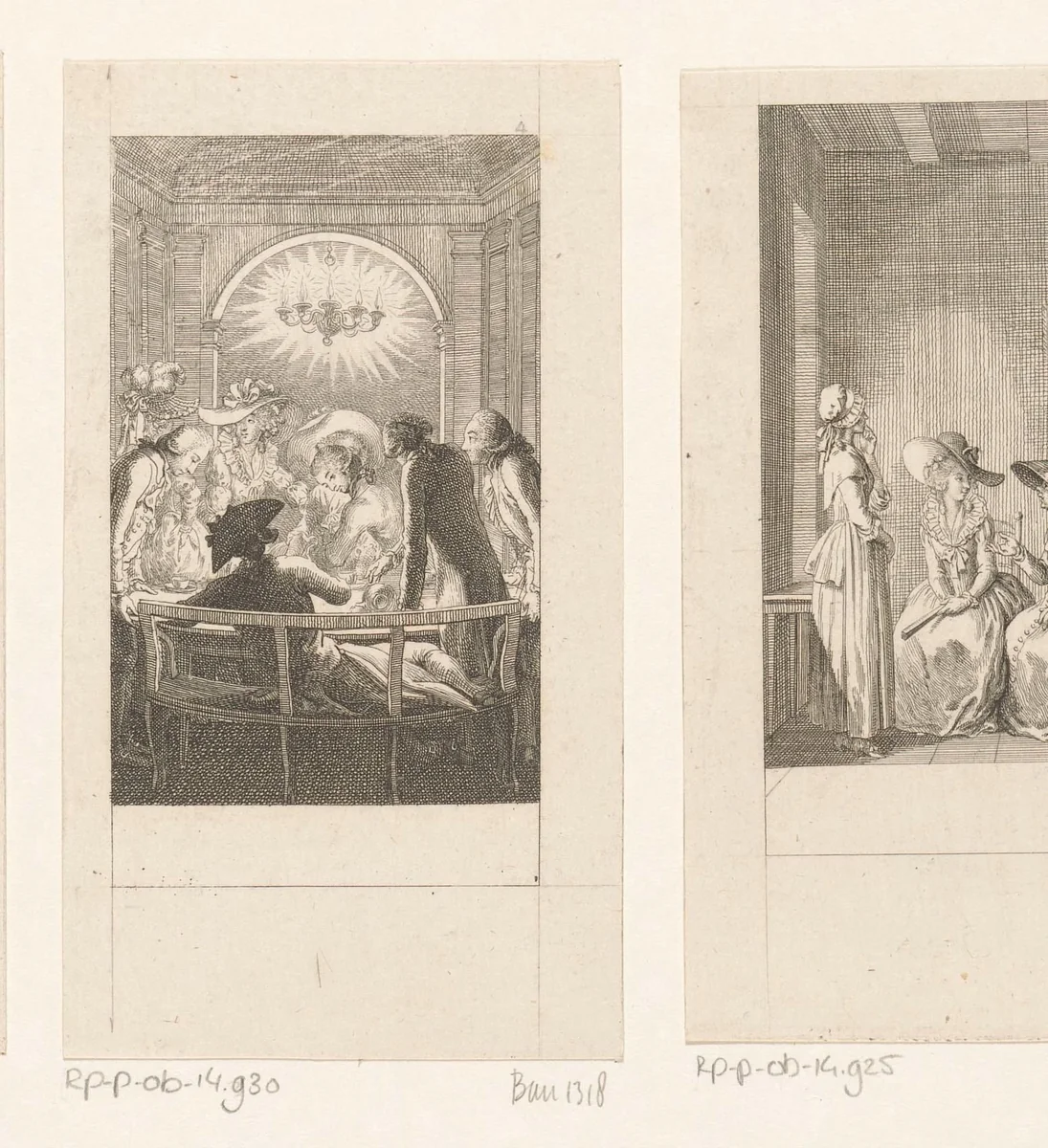 Mr. Delvile beschermt Cecilia voor het hete water uit de vallende kan by Daniel Nikolaus Chodowiecki, print, 1787