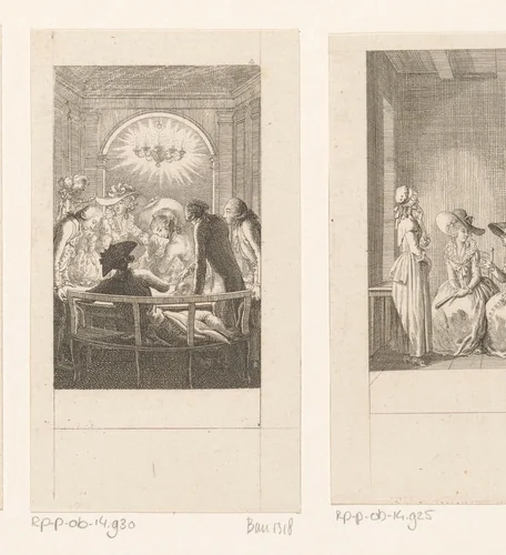 Mr. Delvile beschermt Cecilia voor het hete water uit de vallende kan by Daniel Nikolaus Chodowiecki, print, 1787