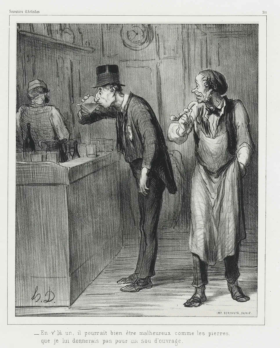 “- This one may look as unhappy as a rock, before I would give him a job", plate 311 from Souvenirs d’artistes by Honoré-Victorin Daumier, print, 1862