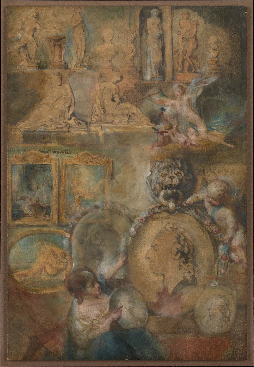 Allegory of Louis XV as Patron of the Arts with Paintings and Sculpture from the Salon of 1769 by Gabriel de Saint-Aubin, drawing, 1764-1774