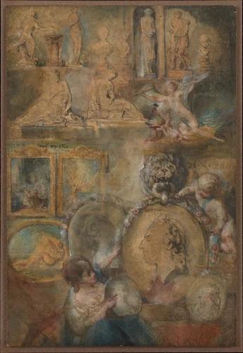 Allegory of Louis XV as Patron of the Arts with Paintings and Sculpture from the Salon of 1769 by Gabriel de Saint-Aubin, drawing, 1764-1774
