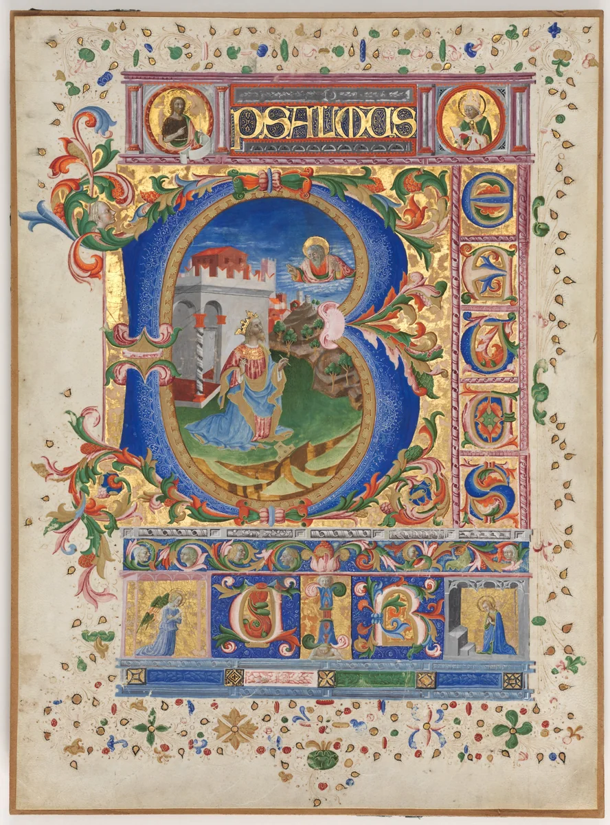 Leaf from a Psalter with Historiated Initial (B): King David by Unknown, manuscript, 1445-1455