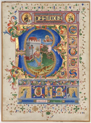 Leaf from a Psalter with Historiated Initial (B): King David by Unknown, manuscript, 1445-1455