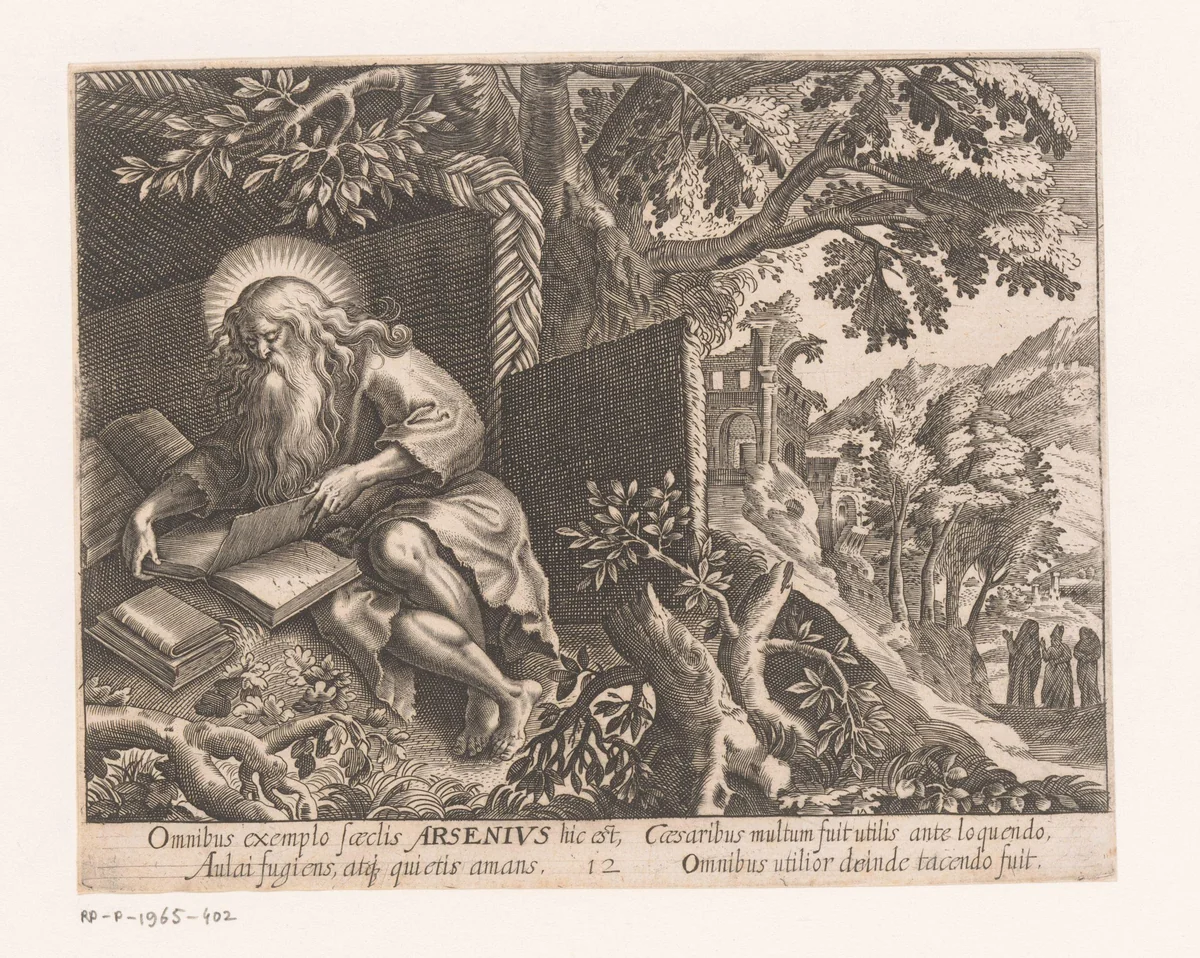 Heilige Arsenius de Grote als kluizenaar by Charles van Boeckel, print, 1594-1614