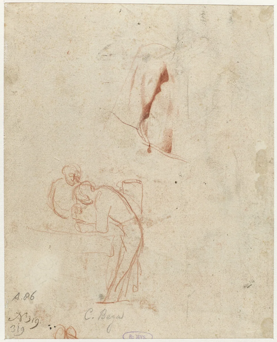 Sketch of Two Standing Figures and a Drapery Study by Cornelis Pietersz. Bega, drawing, 1658-1660