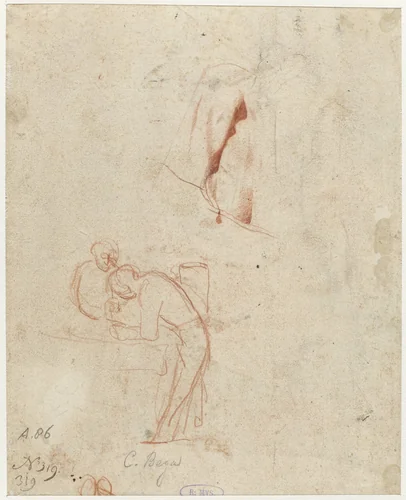 Sketch of Two Standing Figures and a Drapery Study by Cornelis Pietersz. Bega, drawing, 1658-1660