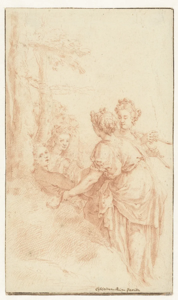 Vijf musicerende vrouwen in een landschap by Egbert van Buren, drawing, 1700-1725