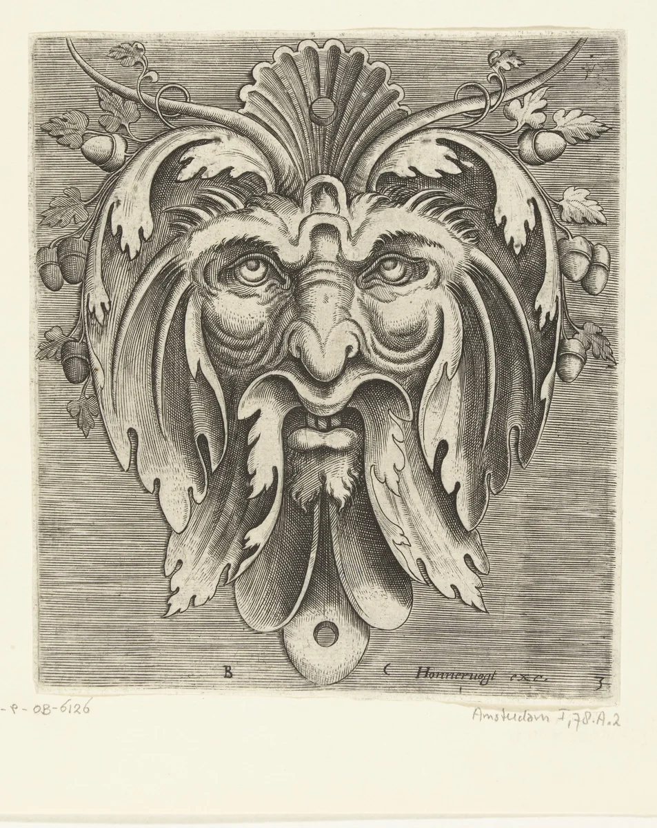 Masker met acht eikels in het haar by Frans Huys, print, 1600-1650