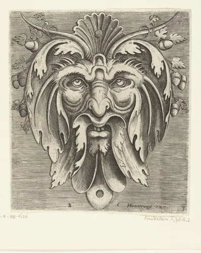 Masker met acht eikels in het haar by Frans Huys, print, 1600-1650