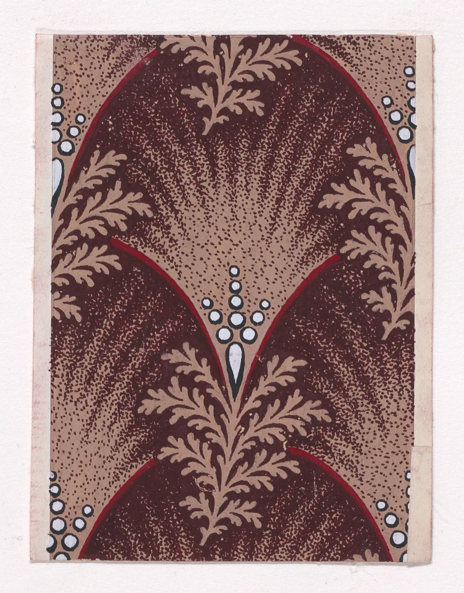 Textile Design with Alternating Palmettes Decorated with Pearls Flanked by Bundles of Leaves by anonymous, drawing, 1840
