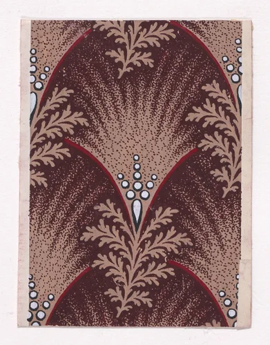 Textile Design with Alternating Palmettes Decorated with Pearls Flanked by Bundles of Leaves by anonymous, drawing, 1840