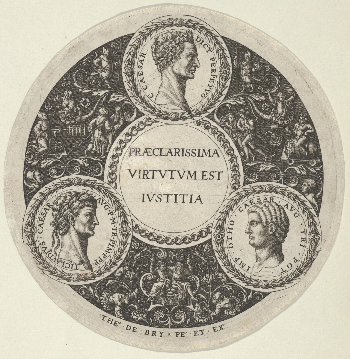 Design for a Dish with Portraits of the Roman Emperors Caesar, Claudius, and Otho by Theodor de Bry, print, 1583-1593