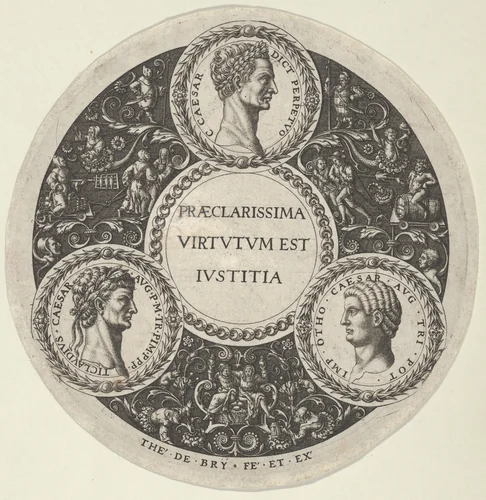 Design for a Dish with Portraits of the Roman Emperors Caesar, Claudius, and Otho by Theodor de Bry, print, 1583-1593
