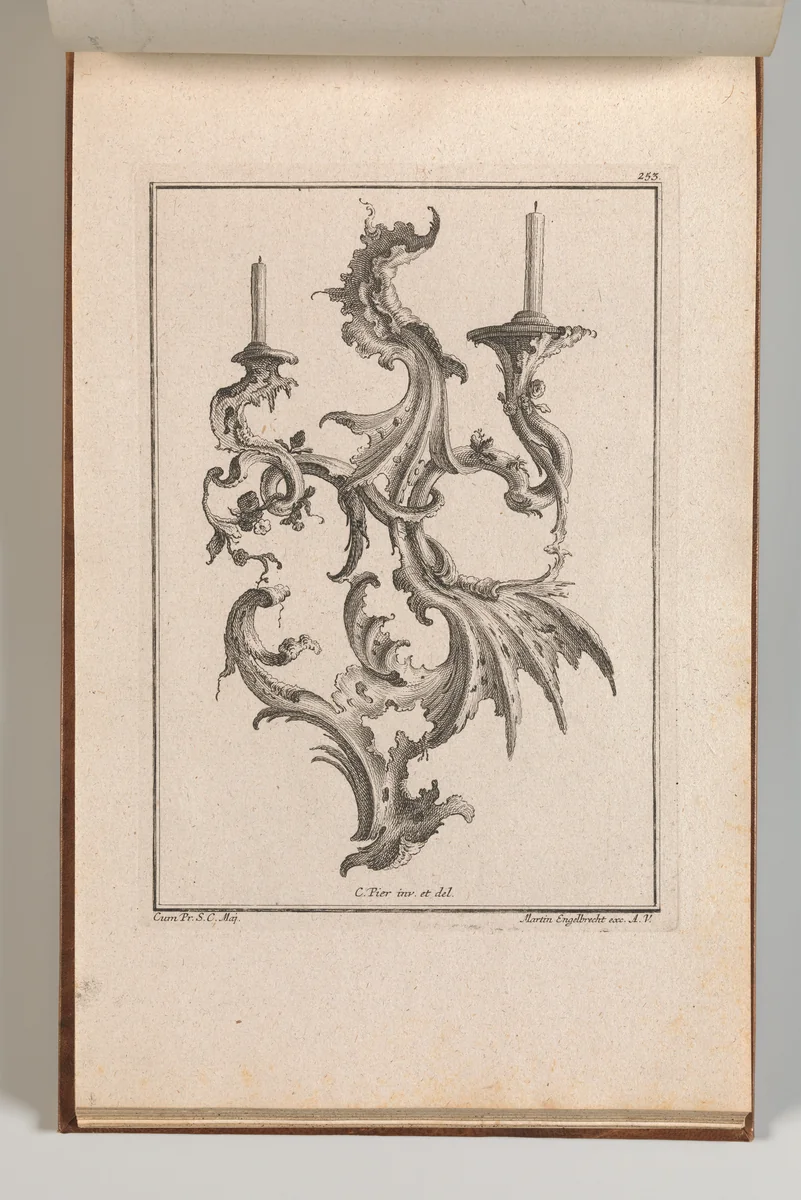 Design for a Two-Armed Candelabra, Plate 4 from an Untitled Series of Designs for Suspended Candelabra by Carl Pier, book, 1745-1755